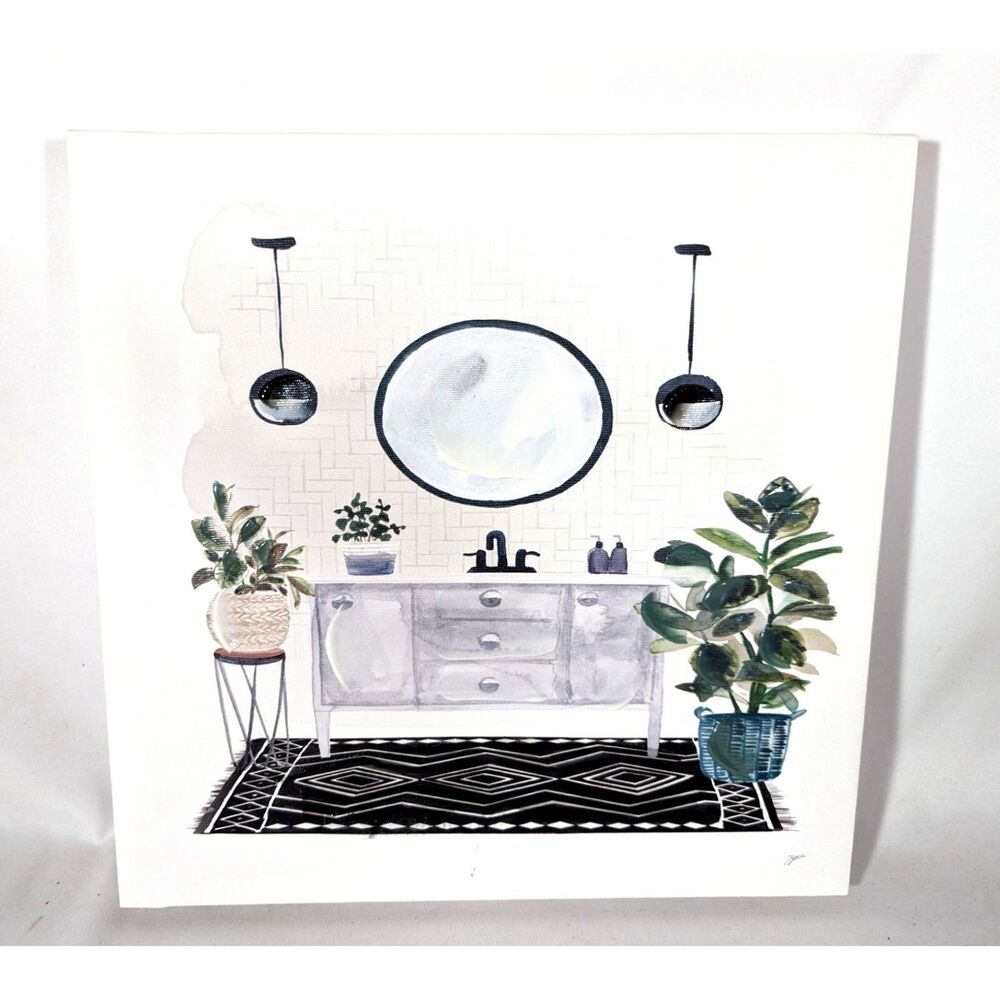 Garden Bath White Stretched Canvas Wall Art Cabinet Plants Rug 12 x 12-in Gift